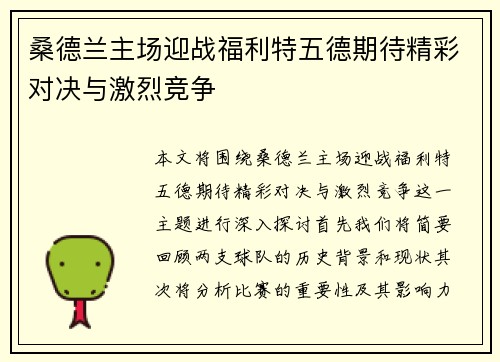 桑德兰主场迎战福利特五德期待精彩对决与激烈竞争