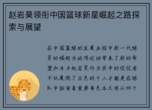 赵岩昊领衔中国篮球新星崛起之路探索与展望